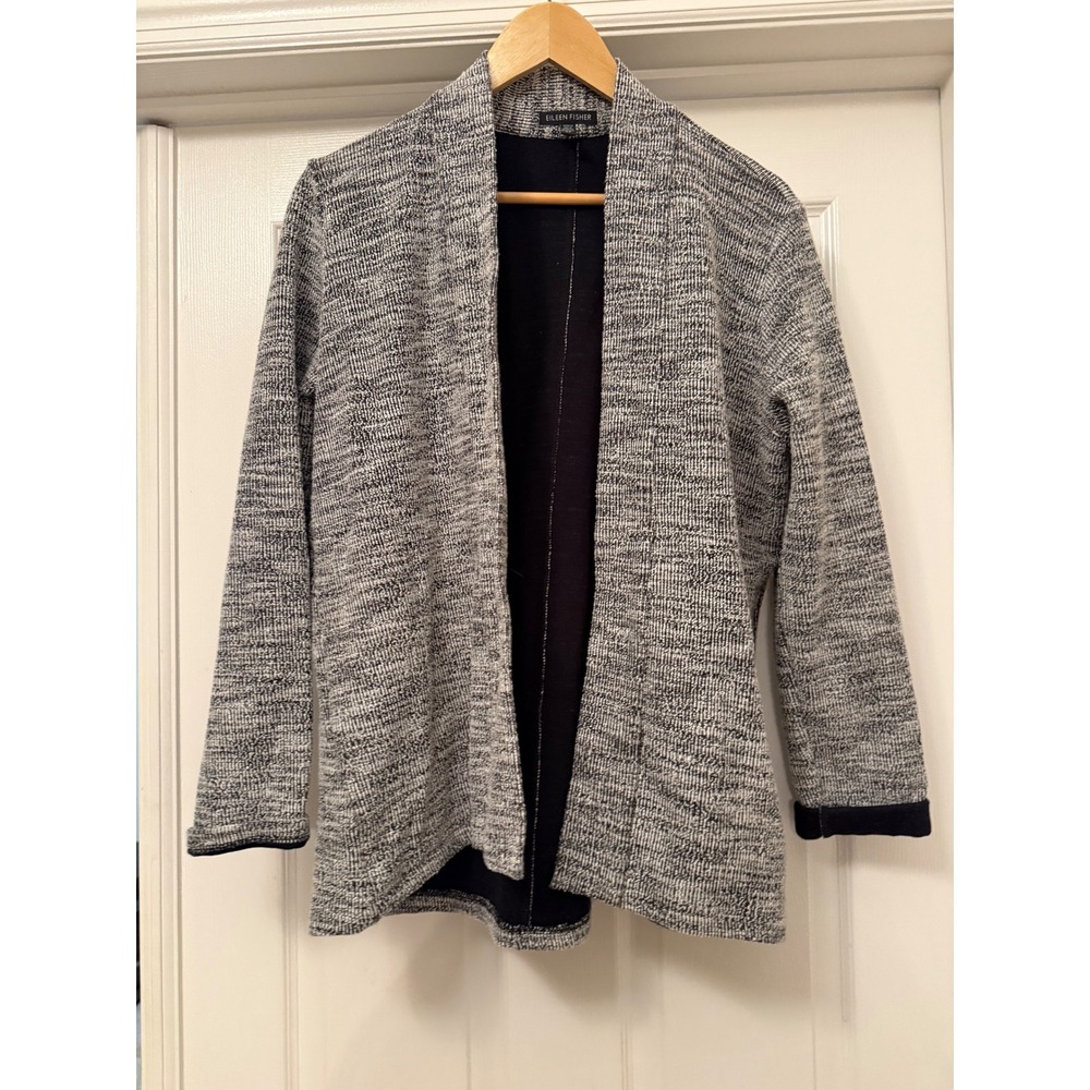 Eileen Fisher Cardigan Women Small Black White Marled Open Front Textured Knit
